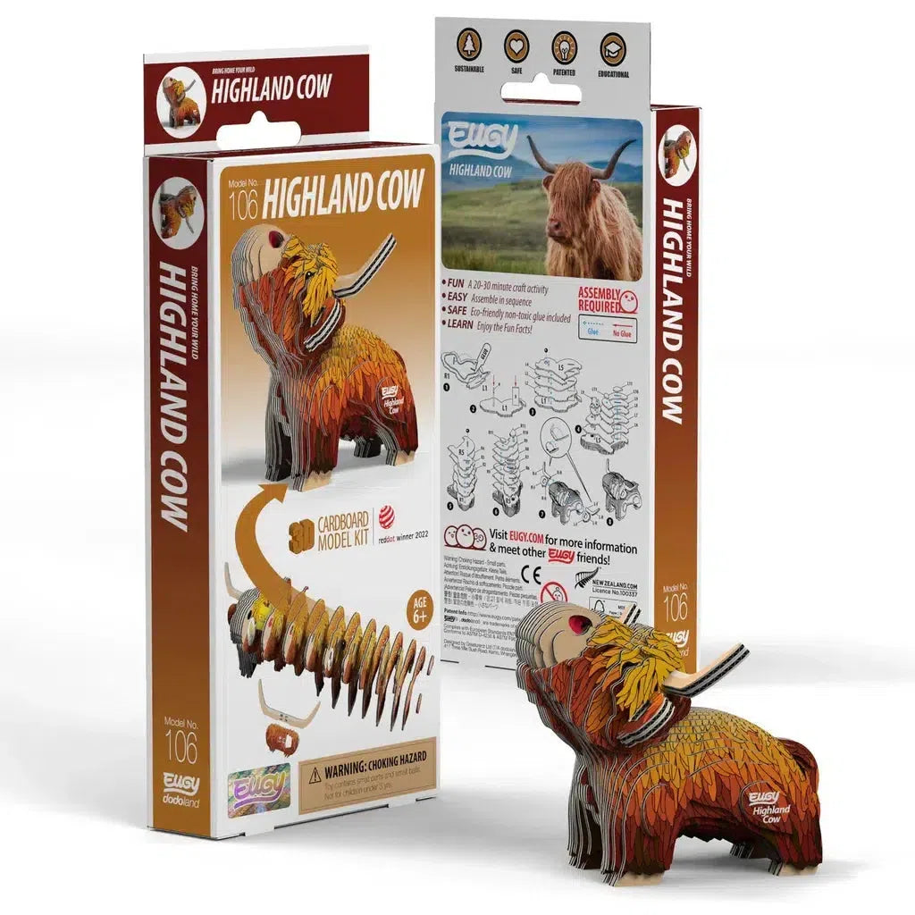 Discover the eco-friendly 3D puzzle model kit of a Highland cow, complete with packaging. Includes cut-out parts for easy assembly and features illustrations and fun facts about the cow. A great way to explore STEM concepts, suitable for ages 6 and up.