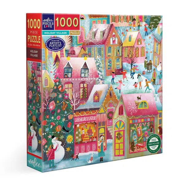 Discover the holiday puzzle featuring a colorful village scene with snow-covered buildings and festive decorations. Enjoy assembling this 1000-piece masterpiece, meticulously crafted from sustainably sourced materials to enhance your winter atmosphere.