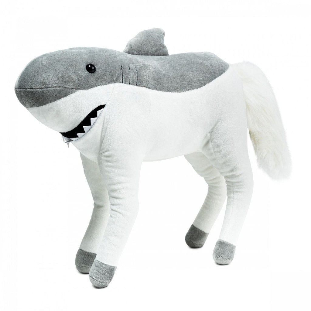 A plush toy combining features of a shark and a dog, with a shark's body and fins, and a dog's legs and tail.