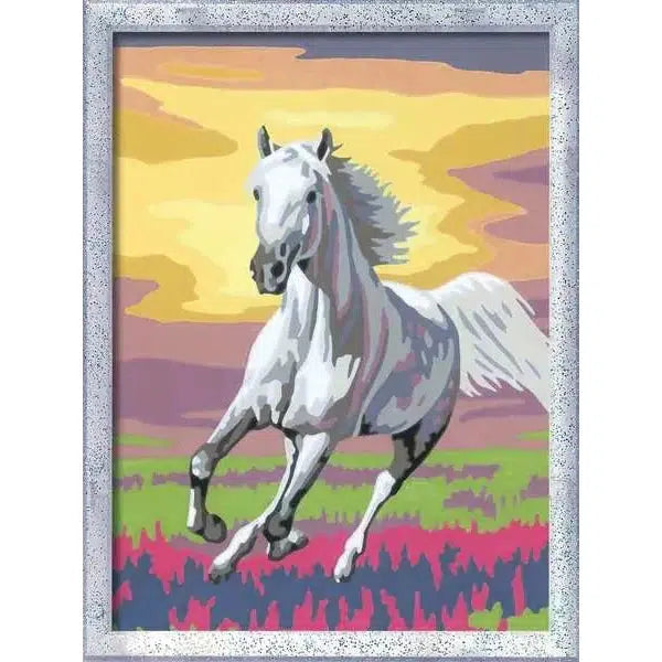 Experience the magic of a white horse galloping through a colorful landscape with a vibrant sky and fields.