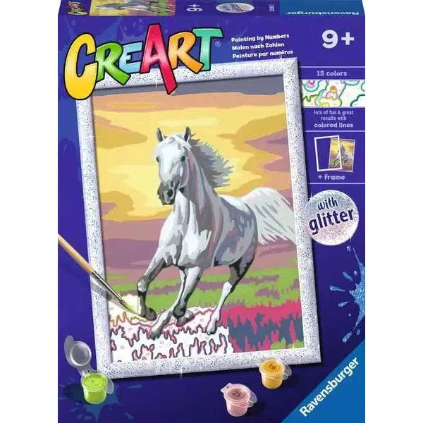 Discover the Ravensburger paint by numbers kit, featuring a majestic white horse in motion against a vibrant landscape. Perfect for ages 9 and up, it includes 15 colors, a frame, and glitter. 