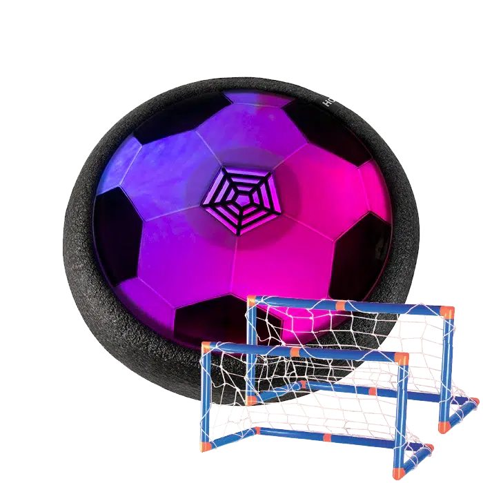 Experience the excitement of a hovering soccer ball, illuminated with pink and purple lights as it glides effortlessly on a cushion of air. Set up your game with two small blue and white soccer goals for endless entertainment and fun.