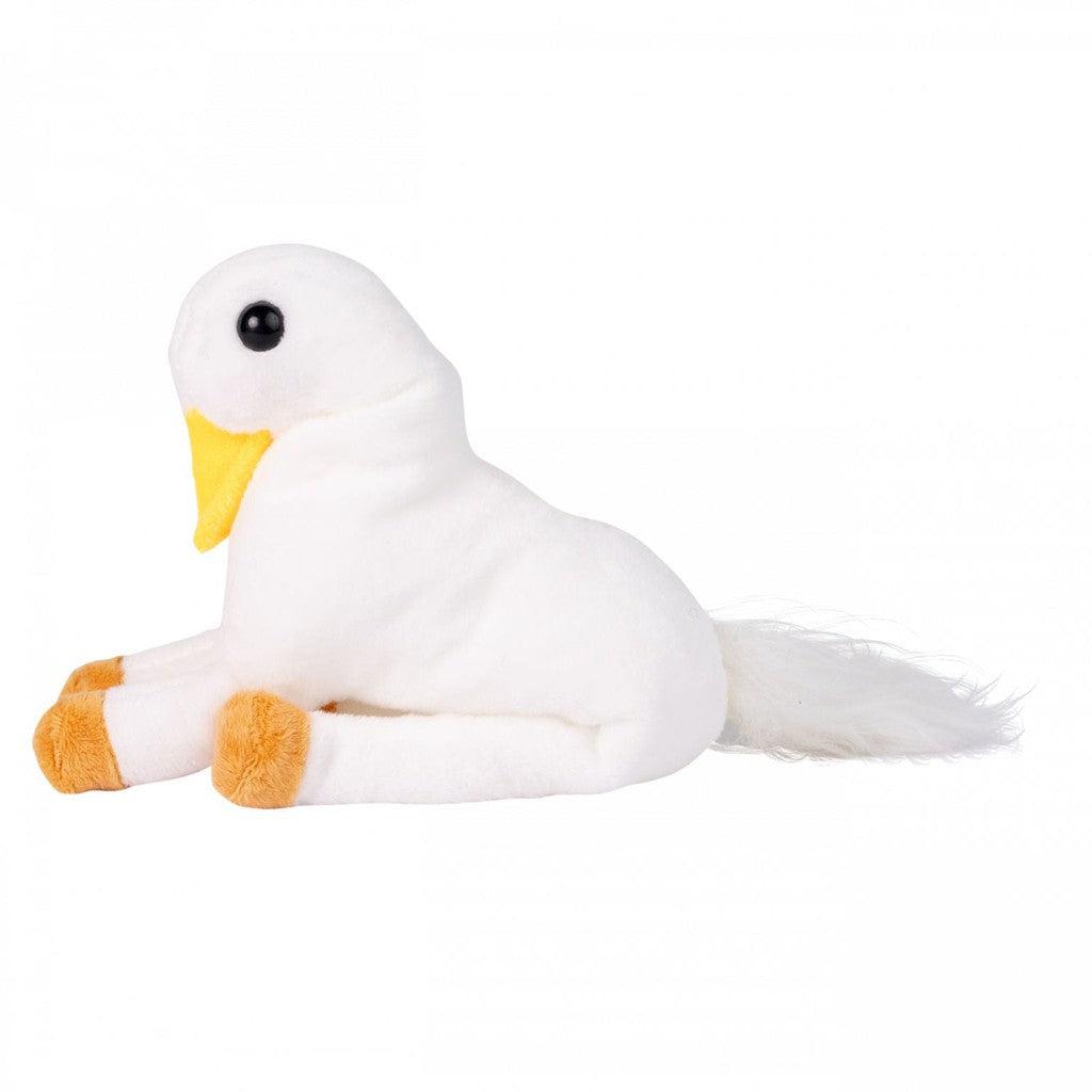 Randimal plush toy, an enchanting blend of animal characters, featuring a bird-like design with a white body, yellow beak, black eyes, brown feet, and a long tail.