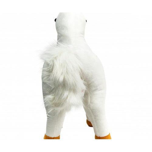 A plush llama from the Randimal collection, with a fluffy tail and vibrant orange feet, stirs imagination as it stands among whimsical animal characters.