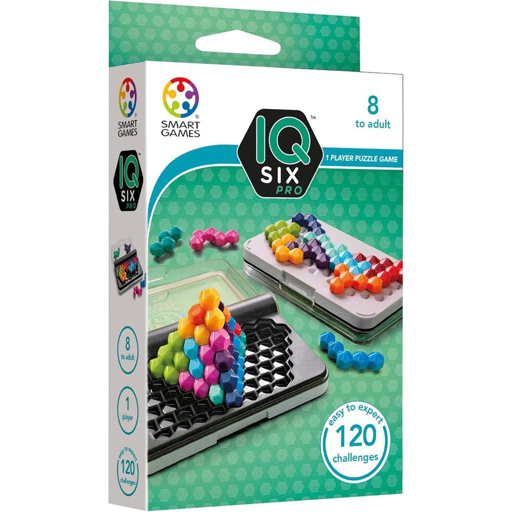 The SmartGames IQ Six Pro is a vibrant puzzle game box featuring colorful geometric pieces and "120 challenges" for ages 8 to adult. Perfect for travel games, this brain game ensures endless fun on the go.