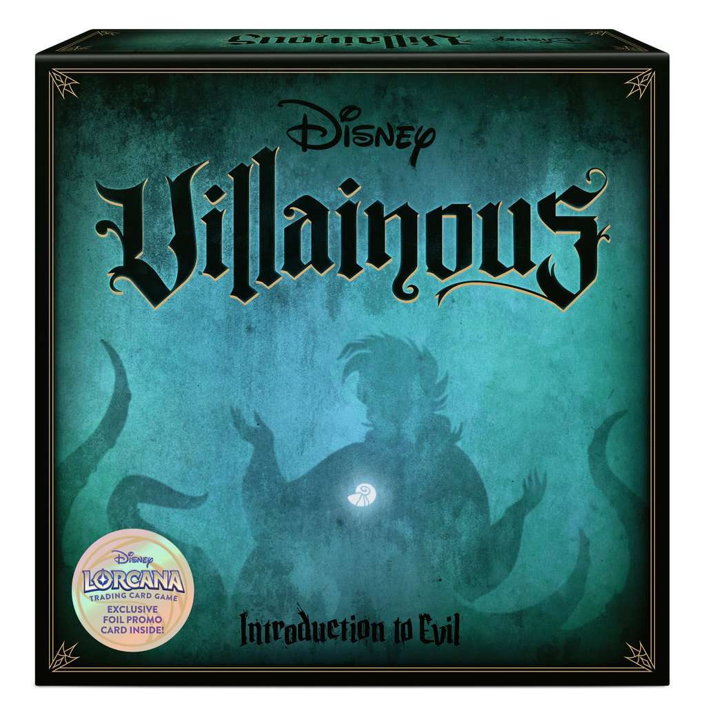 A board game box for "Disney Villainous: Introduction to Evil" featuring a shadowy figure in the center. The game seamlessly integrates Disney Lorcana cards.