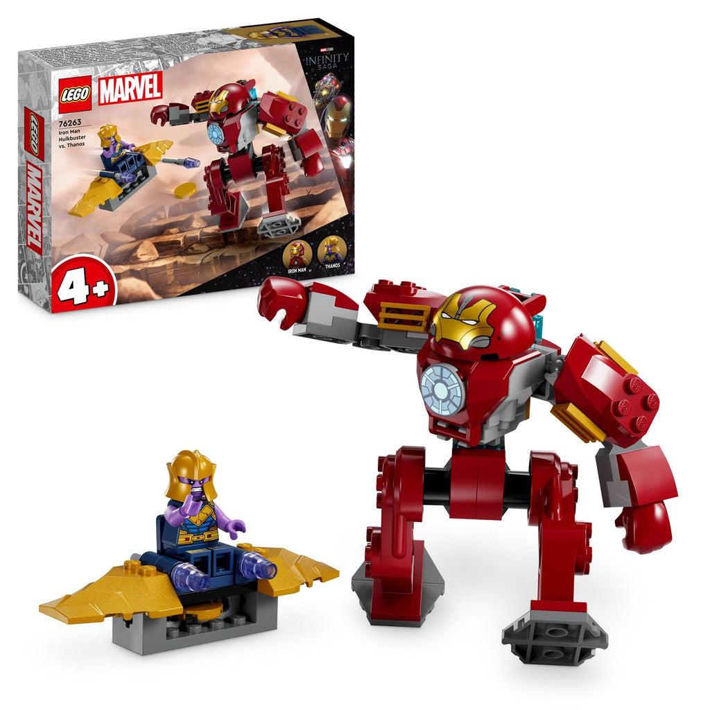 image shows the box and display of LEGO iron man in his hulkbuster suit fighting thanos on a small plane.