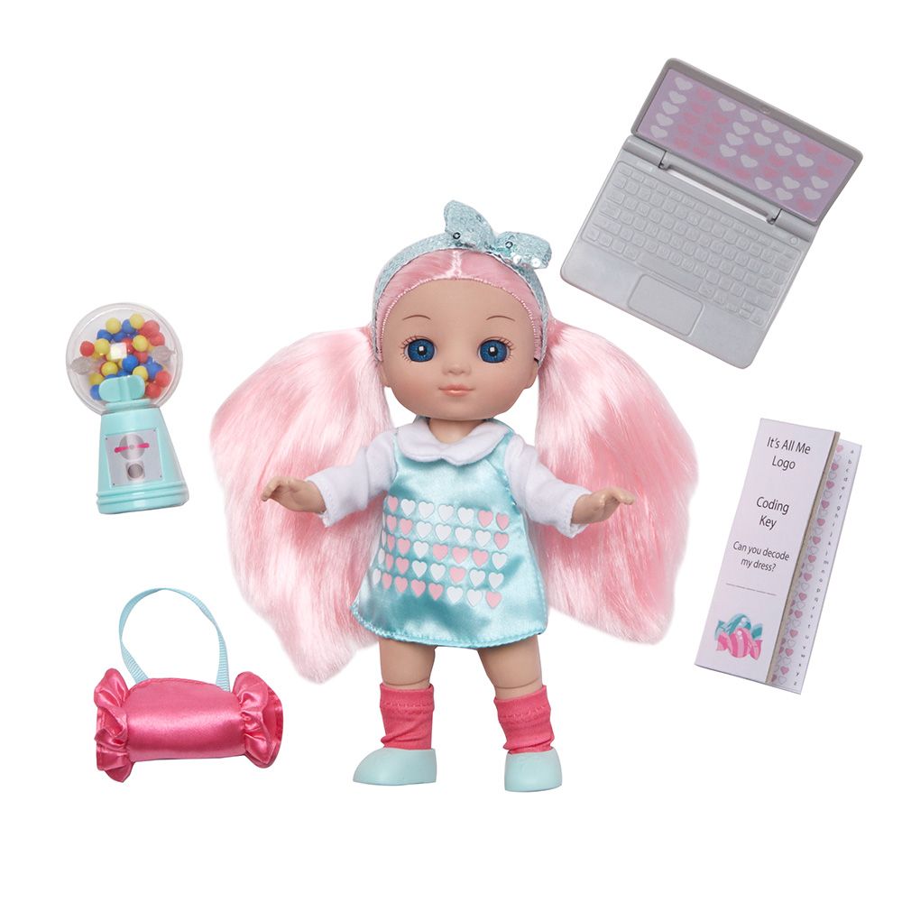 Introducing the Candy + Coding doll! This delightful doll, with pink hair and a blue dress, comes with a toy laptop for coding fun. Her candy-themed accessories include a gumball machine and a candy-shaped bag, all neatly explained in the included instruction booklet.