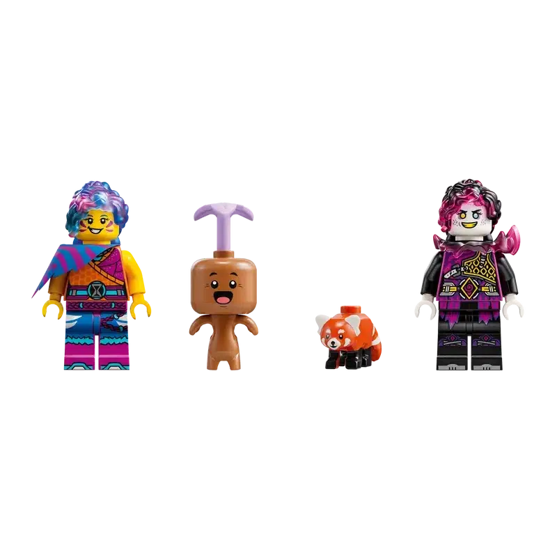 Four colorful LEGO figures capture kids' imaginations: a yellow character with a blue hair wrap, a brown creature sporting a purple top piece, a small red panda dream animal toy, and a white-faced character with pink hair and black outfit.