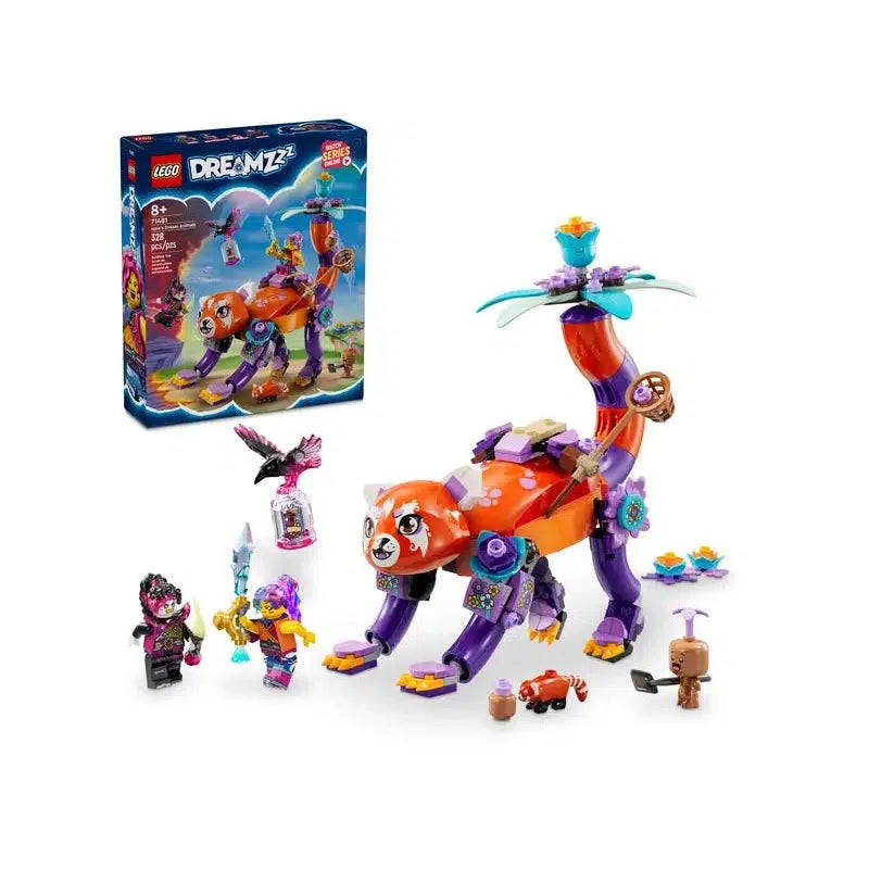 This LEGO set, a vibrant dream animal with a palm tree tail, inspires kids' imagination. It includes two mini figures and various accessories. The box with the assembled model is pictured in the background, showcasing this delightful addition to kids' toys collections.