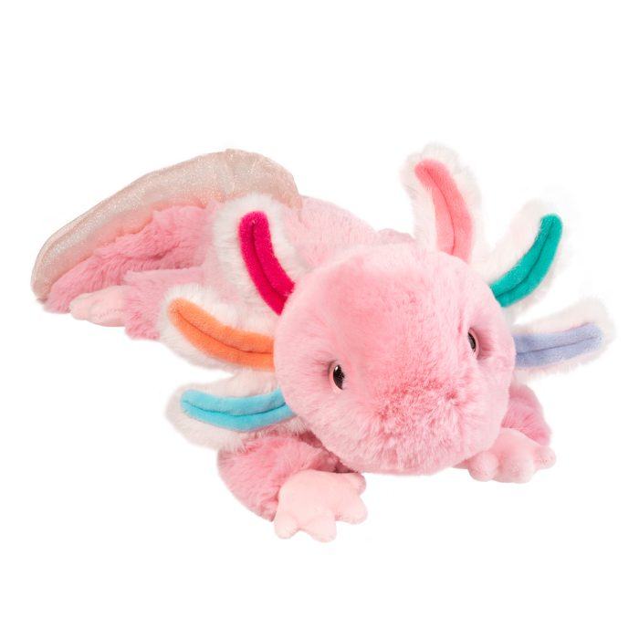 Cuddly salamander toy with plush pink body and colorful gills, lying down.