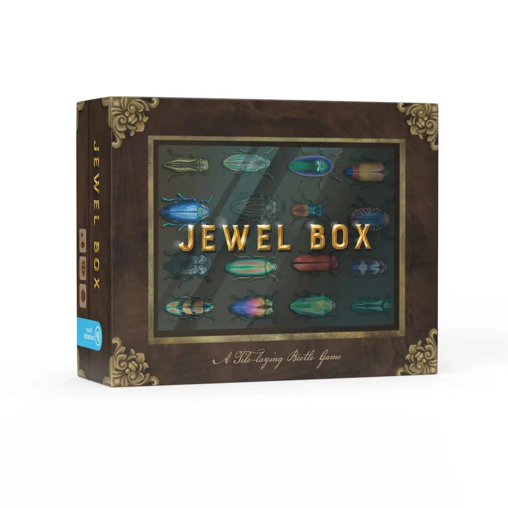 The board game box, "Jewel Box," boasts vibrant beetle illustrations and a subtitle proclaiming it as an "Educational Strategic Tile Placement Game." Adorned with decorative corners, it's both visually captivating and intellectually stimulating.