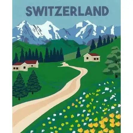 Illustrated poster of Switzerland, inspired by CreArt Jungfrau Region, featuring a path winding through a grassy landscape with flowers, houses, trees, and snow-capped mountains in the background. 