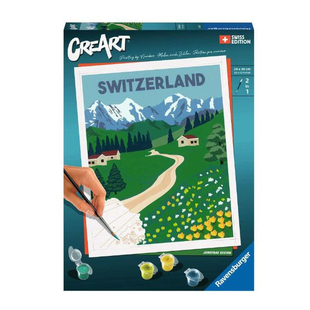 The paint-by-numbers kit captures a serene Swiss mountain scene with a winding path, fields, and cozy cabins. Designed for adults, it includes paints and a brush to create the beautiful "Switzerland" image.