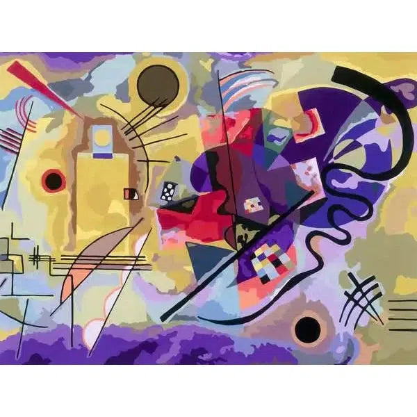 Discover an abstract painting reminiscent of CreArt Kandinsky, featuring geometric shapes, dynamic lines, and vibrant colors such as purple, yellow, red, and blue. 