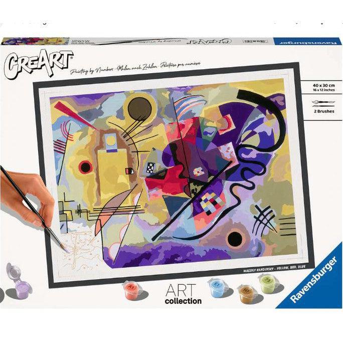 Discover the CreArt Kandinsky paint-by-number kit inspired by Wassily Kandinsky's "Yellow, Red, Blue." This set  features an abstract design with bold colors and geometric shapes, perfect for both art lovers and budding painters.