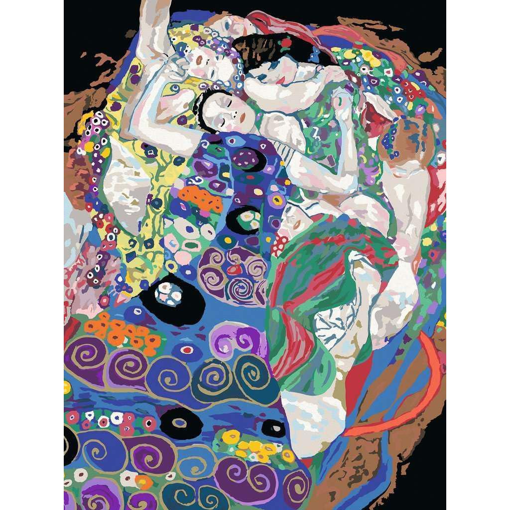 An abstract painting of intertwined figures adorned with colorful patterns and swirling designs in the background, reminiscent of a Ravensburger Klimt piece, captures the essence of painting arts and crafts with its vibrant allure.