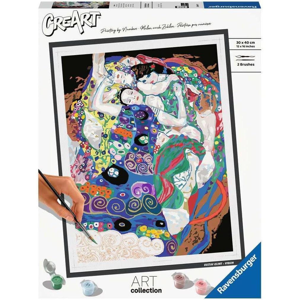 Box of a Ravensburger Klimt Virgin paint-by-numbers kit featuring a colorful abstract image inspired by Gustav Klimt's art, with a partially painted section and included paint pots and brushes, perfect for enthusiasts of painting arts and crafts.