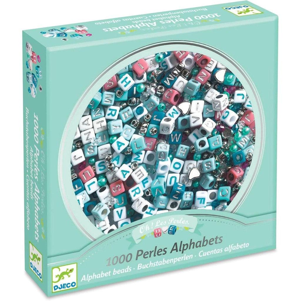 Box of 1000 alphabet beads in various colors and silver letters, perfect for educational art crafts, all beautifully packaged by Djeco.