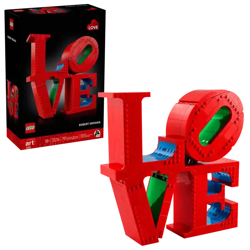 The lego set shown in front of it's box. The set is the 4 letters of love with the L and O sitting on top of the V and E.