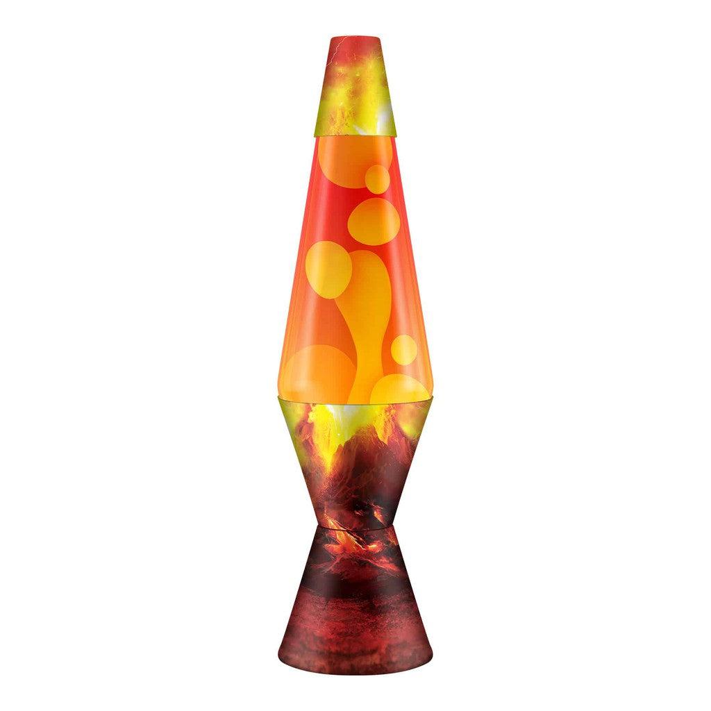 A LAVA Lamp with red and yellow liquid blobs dances like the heart of an erupting crater, contained within a transparent vessel and perched on a dark base.