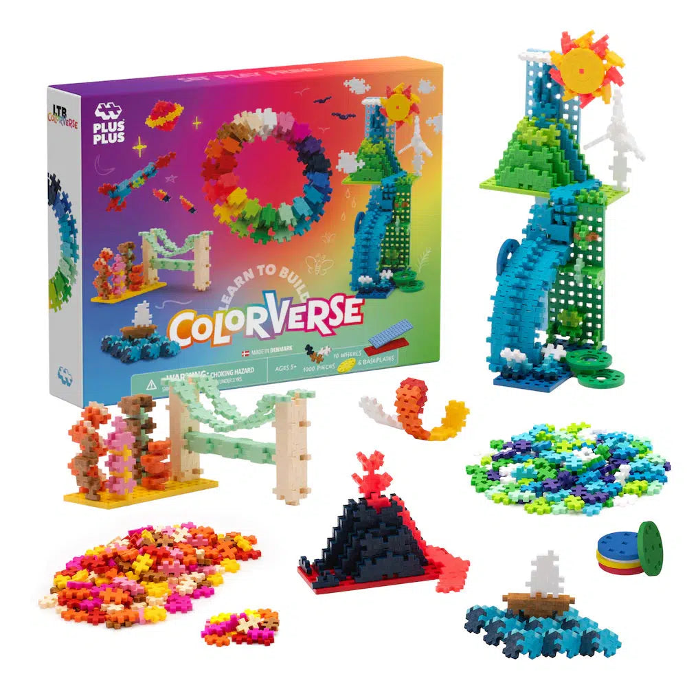 Creativity thrives with these colorful building blocks, featuring various shapes and structures neatly displayed beside the "Colorverse" box by Plus-Plus.