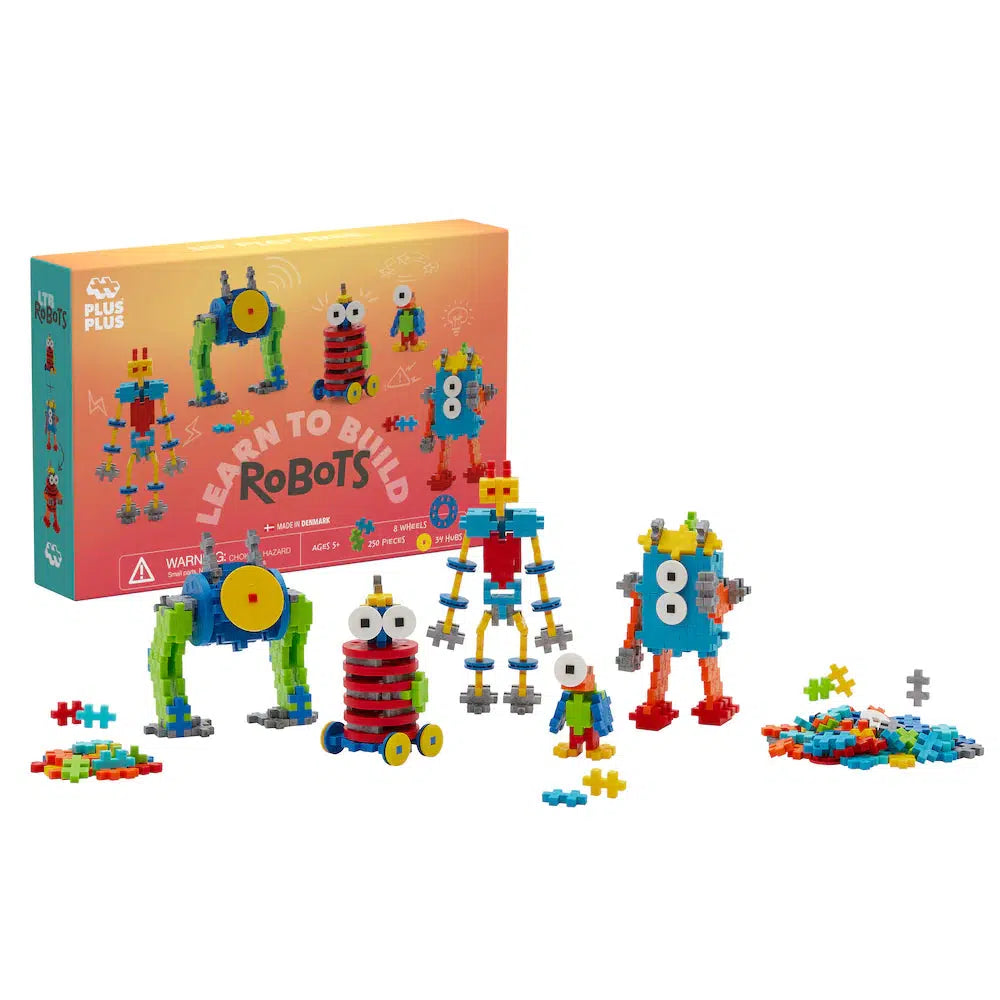 The Plus-Plus building block set packaging showcases assembled robot models in vibrant colors, complemented by scattered pieces that inspire creative building.