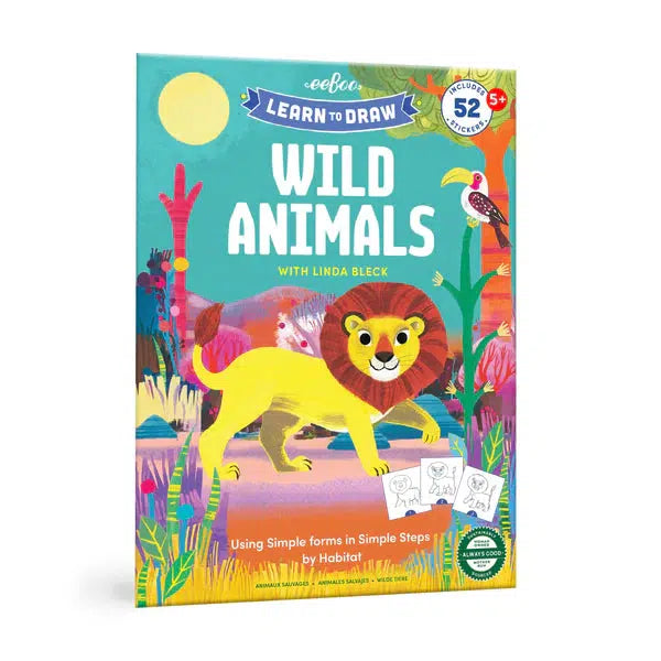 The "Learn to Draw Wild Animals" book cover showcases a colorful illustration of a lion and its jungle habitat, complete with 52 fun stickers. Enjoy sequential steps that make drawing wild animals easy and engaging.