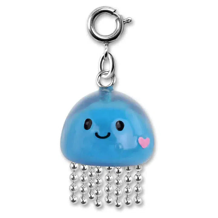 A delightful blue jellyfish charm, complete with a smiling face and a pink heart on its side, features silver bead strands as tentacles. Perfectly sized for any charm bracelet, this ocean animal accessory attaches easily with its small clasp.