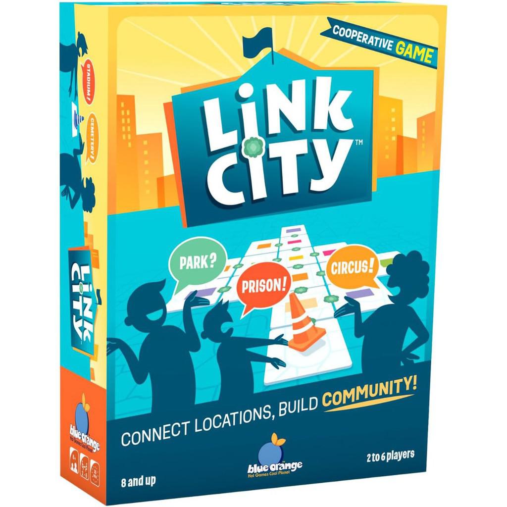 The Link City Board Game, by Blue Orange Games, showcases a board game box adorned with silhouettes and icons like a park, prison, and circus. This cooperative party game is perfect for 2 to 6 players aged 8 and up.