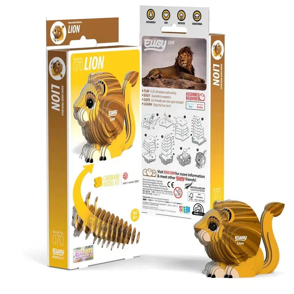 Packaging for an eco-friendly cardboard lion model kit, featuring illustrations of the assembly process, STEM concepts to engage young minds, and a photo of a real lion.