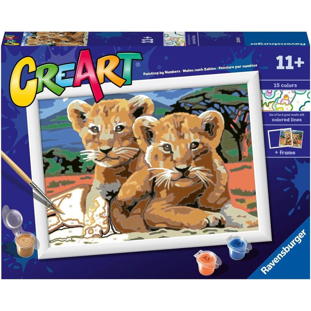 Ravensburger Little Lion Cubs Paint by Numbers Kit: Inside this painting arts and crafts box, you'll find everything needed to bring two playful lion cubs to life. Perfect for ages 11 and up, it's a creative adventure waiting to be painted.