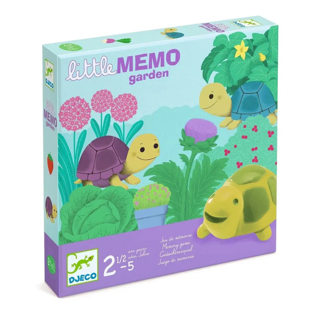 The colorful box for the "Little Memo Garden" game features charming illustrations of turtles and garden plants. This delightful memory game is perfect for honing observation skills in children aged 2.5 to 5. Brand: Djeco.