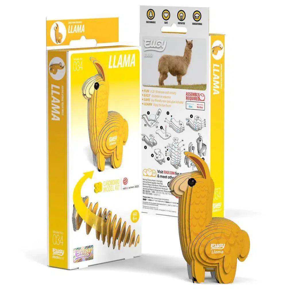 The EUGY cardboard model kit of a llama showcases a captivating 3D puzzle design. The package includes clear illustrations for assembly, alongside a photo of a real llama, blending creativity with STEM concepts for an engaging experience.