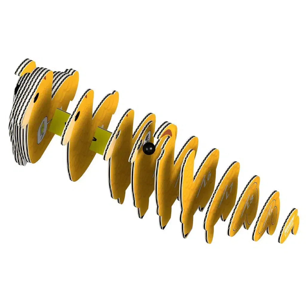 A series of orange, disc-shaped objects aligned diagonally, each resembling gears with a varying connected design, forms an eco-friendly 3D puzzle inspired by STEM concepts.