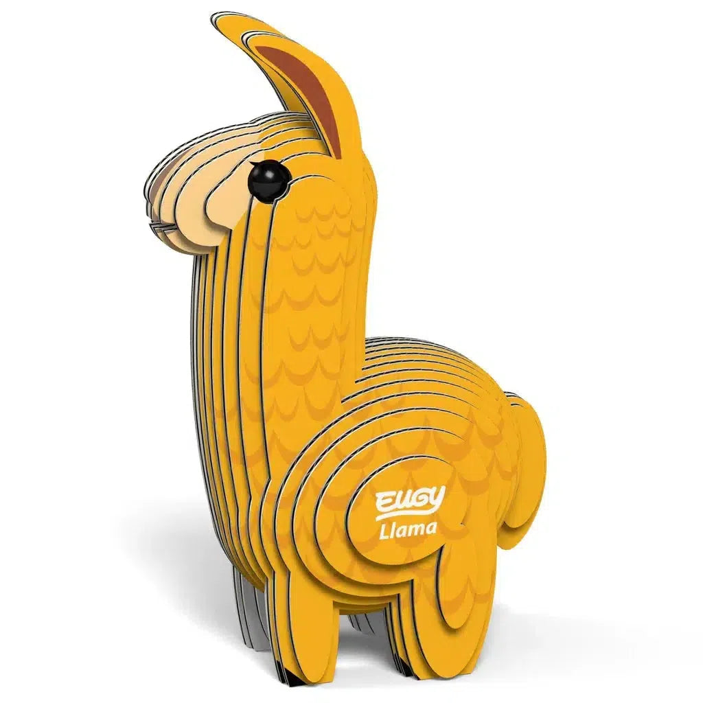 This eco-friendly 3D cardboard puzzle features a yellow, textured llama labeled "Eugy Llama" on its side. Perfect as a collectable toy, it combines fun and creativity in one.