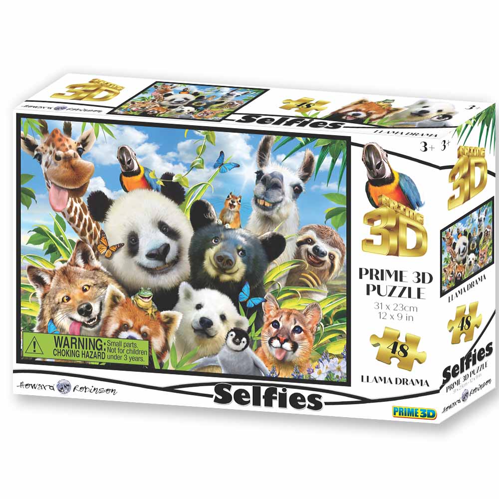 A box of a 48-piece 3D puzzle from Prime 3D Ltd showcases cartoon animals like a panda, giraffe, and parrot posing for a group selfie. 