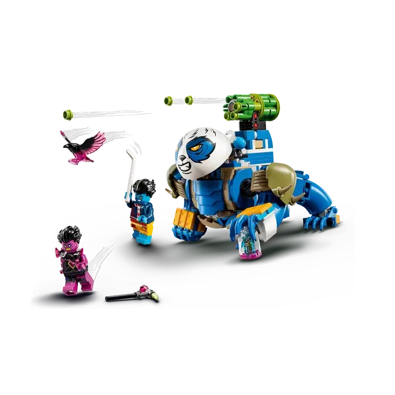 Explore the DREAMZzz LEGO set featuring a large blue panda-like robot with missile launchers. Two small human figures stand ready on the ground, while a flying creature with pink elements soars against a dramatic black background.