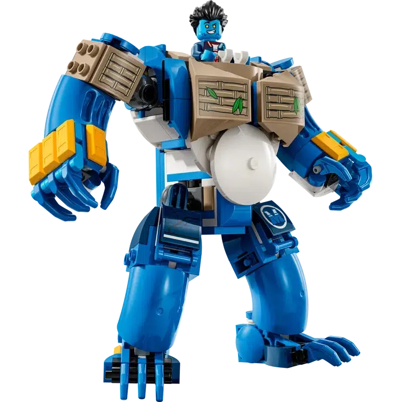 Blue and tan LEGO DREAMZzz mech figure with humanoid features, including a muscular build, expressive face, and detailed hands and feet.