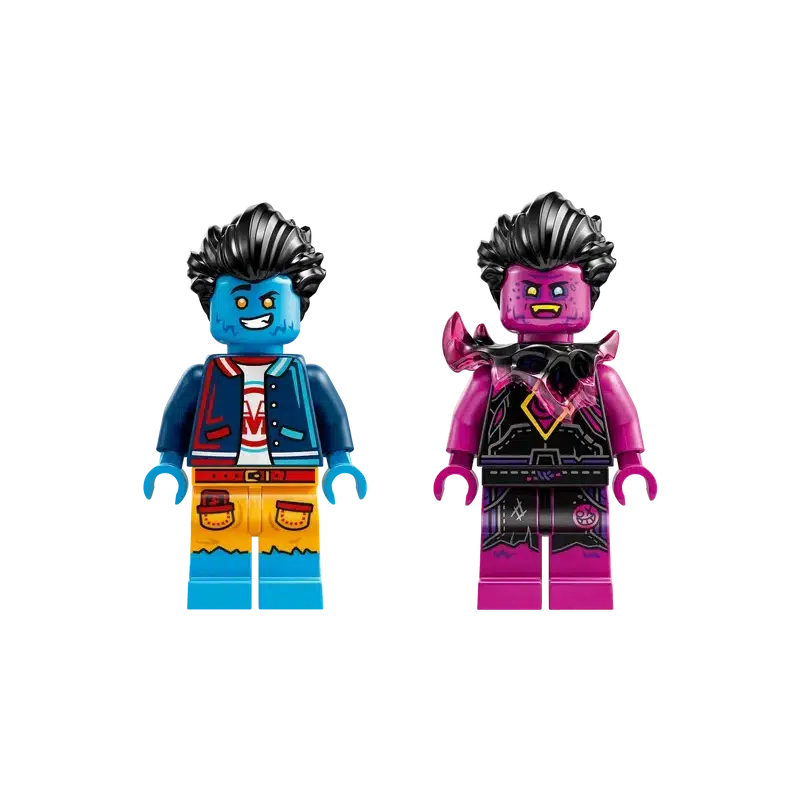 Two colorful LEGO DREAMZzz minifigures: one blue with wild hair and a lettered jacket, the other from the beast realm in purple, featuring equally wild hair and a patterned outfit.