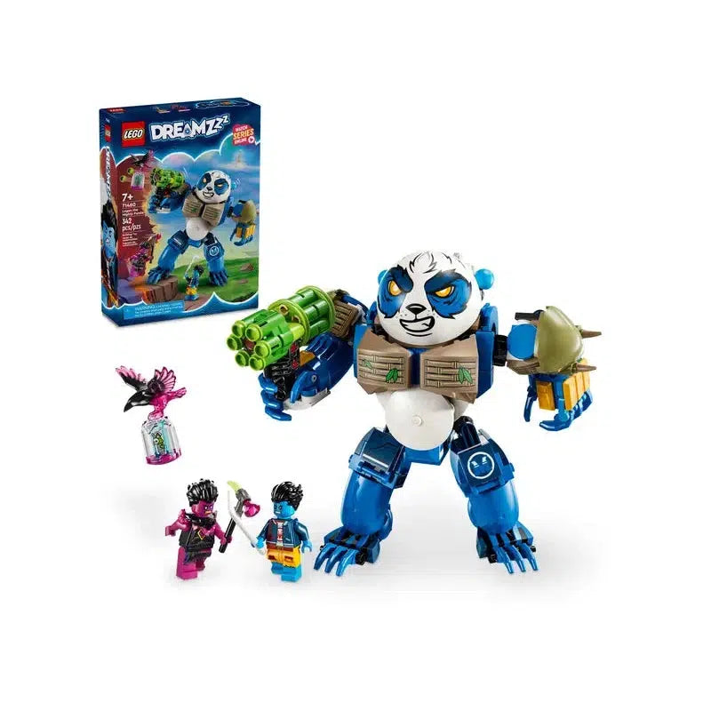 Dive into the whimsical world of LEGO with the DREAMZzz panda set, featuring a blue and white panda robot, two minifigures, a pink bird, and fun accessories. The box in the background showcases these charming figures all assembled.