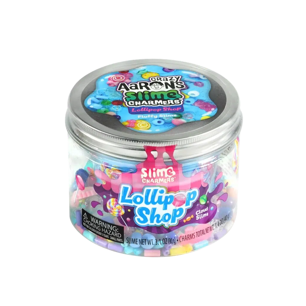 Clear plastic container labeled "Crazy Aaron's Slime Charmers Lollipop Shop," containing fluffy blue slime with the sweetest charms, sealed with a metallic lid.