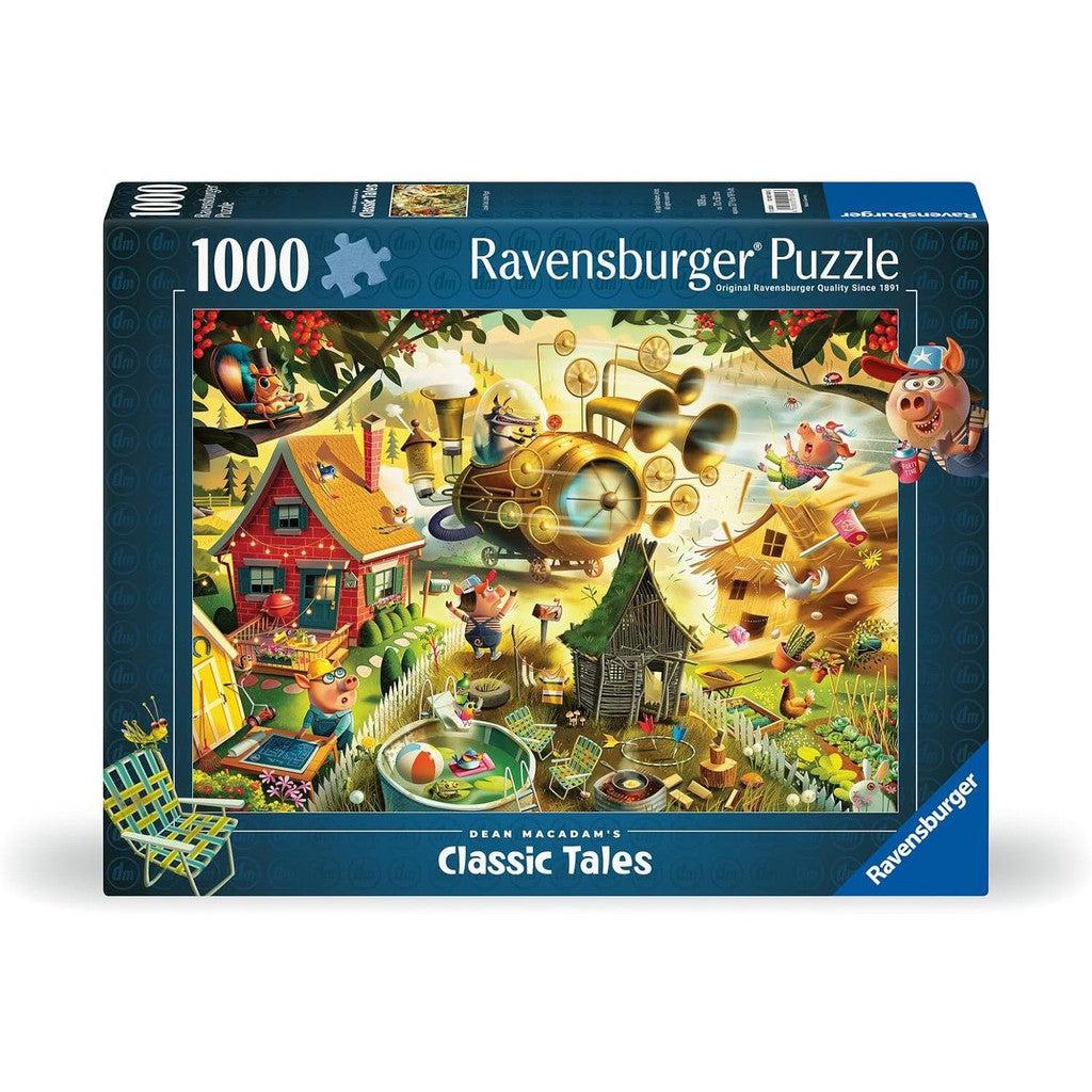 This Ravensburger jigsaw puzzle features a whimsical scene from "Classic Tales," illustrated by Dean Macadam. Immerse yourself in the vibrant world of a submarine, colorful houses, and anthropomorphic animals within this 1000-piece puzzle.