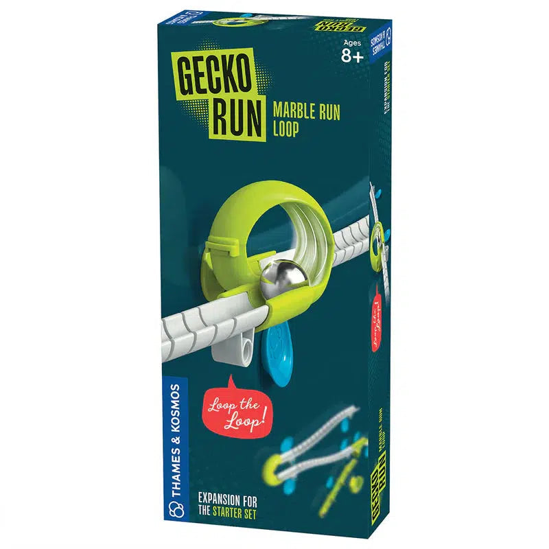 The "Gecko Run: Marble Run Loop" box features a marble speeding through a green loop on eco-friendly tracks. The packaging highlights it as an expansion for the starter set, complete with innovative nano-adhesive technology for easy setup and adjustments.