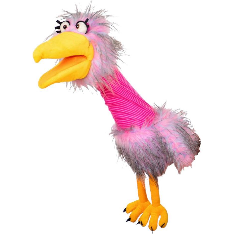 Loops the puppet resembles a pink ostrich-like bird