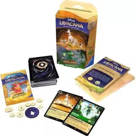 Open box Disney Lorcana TCG Starter Deck featuring cards, an instruction booklet, and game tokens artfully arranged on a surface, ready to transport you Into the Inklands.