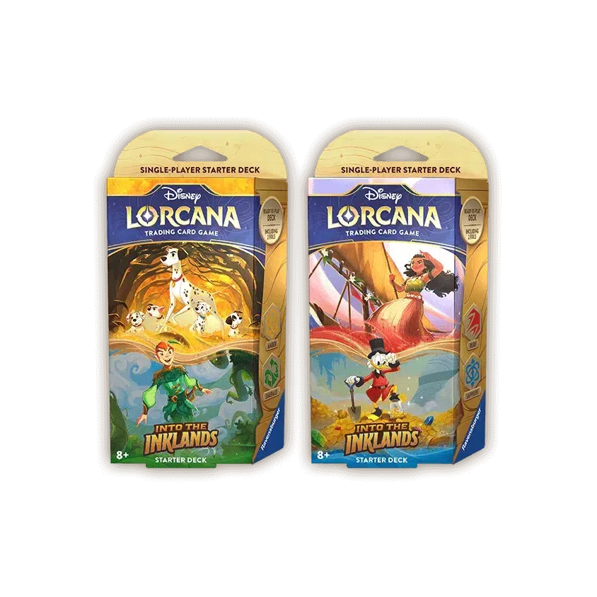 Two Disney Lorcana trading card game starter decks, titled "Into the Inklands." Packs feature animated characters and indicate suitability for ages 8 and up.