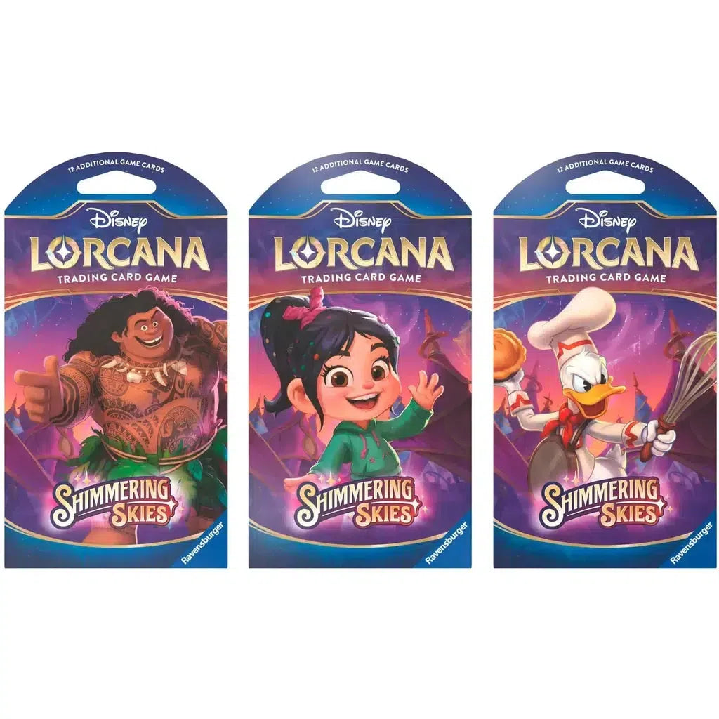 Three booster packs of the Disney Lorcana trading card game titled "Shimmering Skies," adorned with beautifully illustrated characters on the packaging.