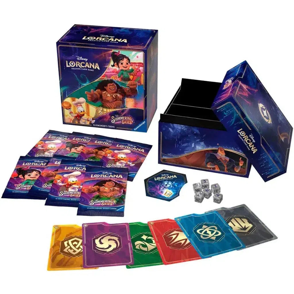 Discover the Disney Lorcana TCG with the Illumineer’s Trove, featuring booster packs, cards, dice, and a themed box.