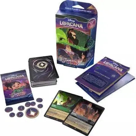 Lorcana Shimmering Skies starter deck contents, including cards, tokens, and instructions